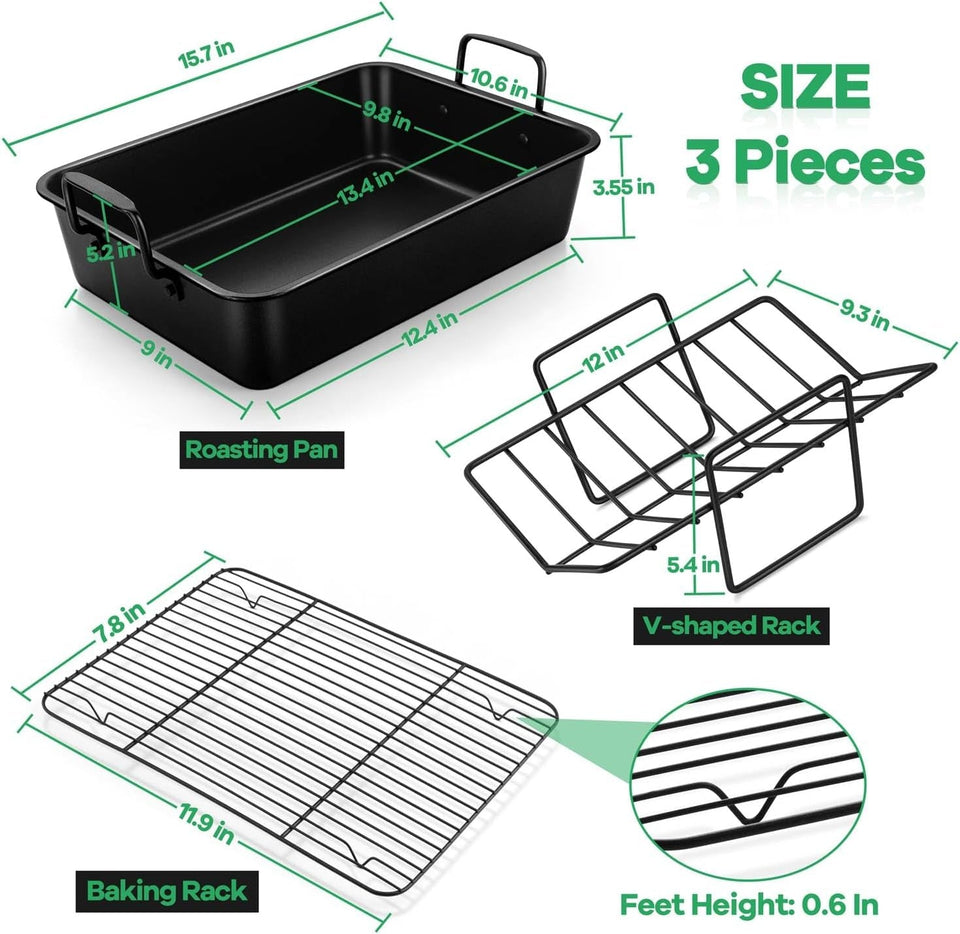 14 Inch Roasting Pan with Rack Set. P&P CHEF Turkey Roaster Pan & V-Shape Baking Rack & Cooling Rack for Chicken Vegetable Lasagna Cookie. Nonstick Coating & Stainless Steel Core. Sturdy & Healthy