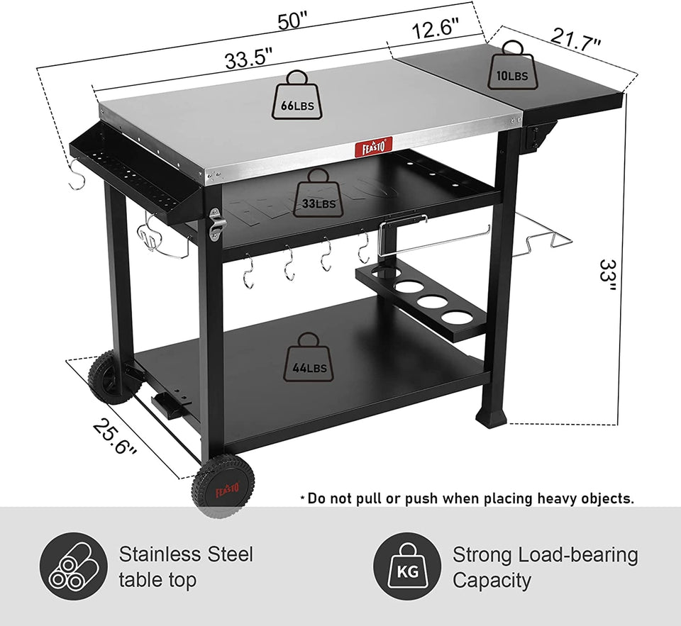 3-Shelf Movable Food Prep Table. Pizza Oven Table. BBQ Grilling Table.Grill Cart with Side Table. Home & Outdoor Stainless Steel Table Top Grill Tables on 2 Wheels. L50 Xw21.7 Xh33