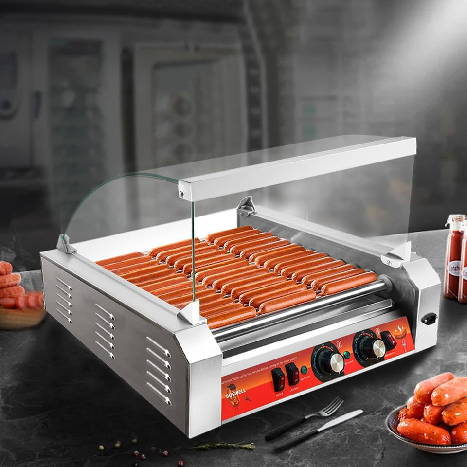 1670W Hot Dog Roller Machine/Sausage Grill with Dust Cover.Stainless Steel 11 Rollers 30 Hot Dog Roller Grill Cooker Machine with Dual Temp Control and LED Light/Detachable Drip Tray