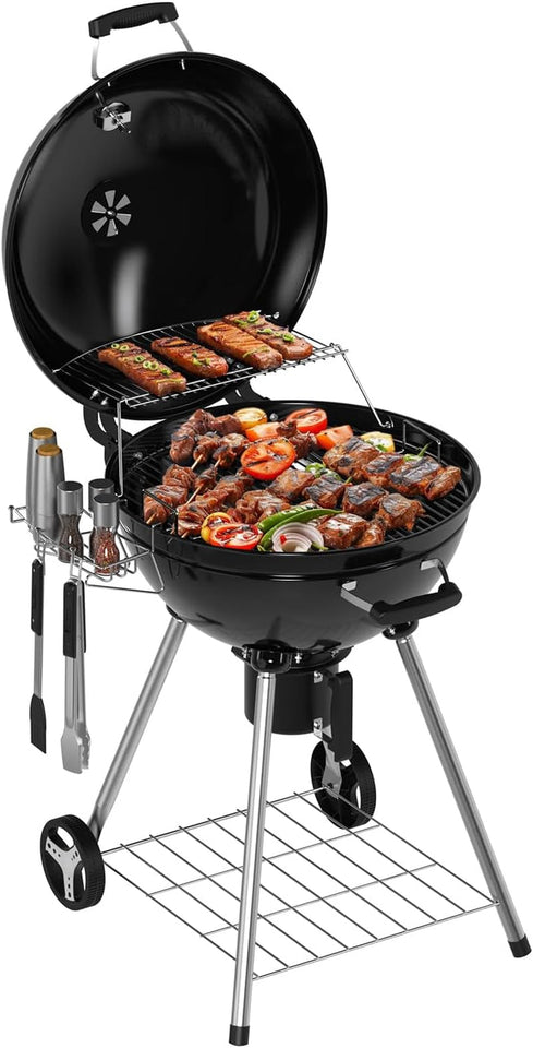 22 Inch Premium BBQ Charcoal Grill. Outdoor Barbecue Kettle Grill. Smoker Grills over 500 Square Inches 2-Tier Cooking Space. Perfect for Outdoor BBQ Party and Patio. Black
