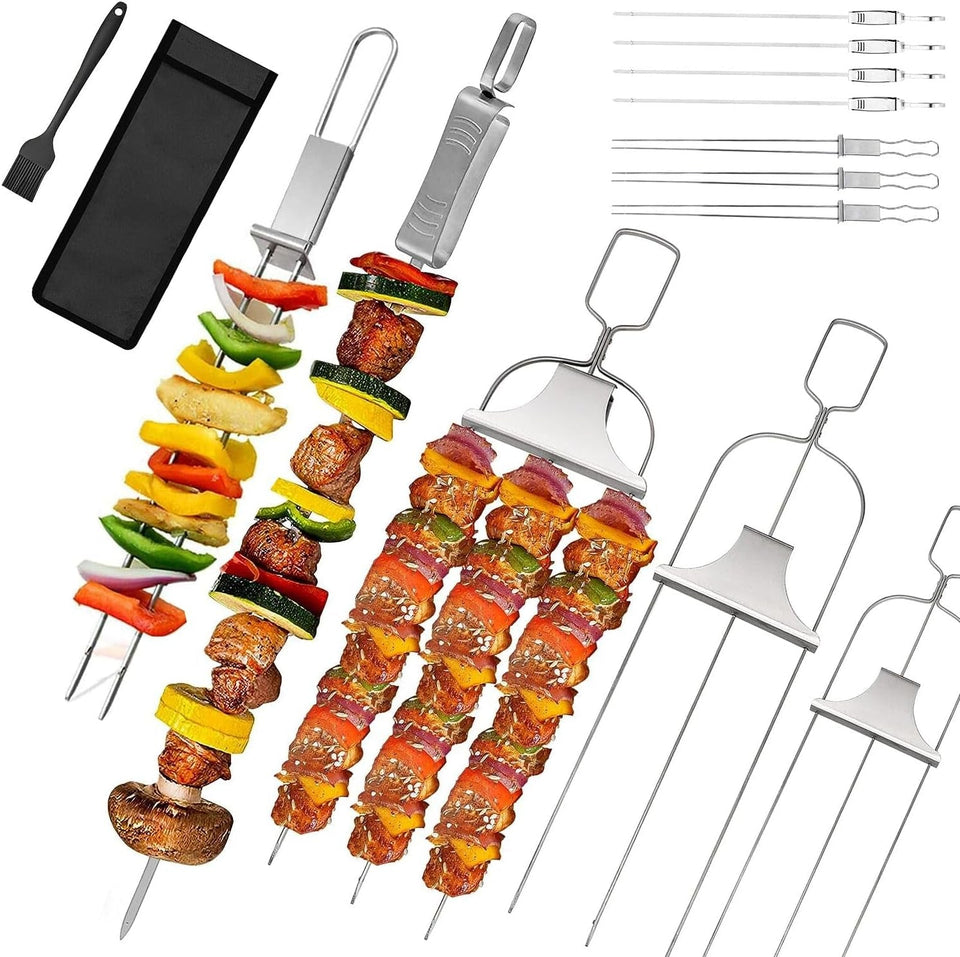 10PCS Kabob Skewers for Grilling.3.Double and Single Pronged Grilling Accessories.304 Stainless Steel Metal Skewers for Kabobs with Push Bar for Quick Release.With Storage Bag and Oil Brush