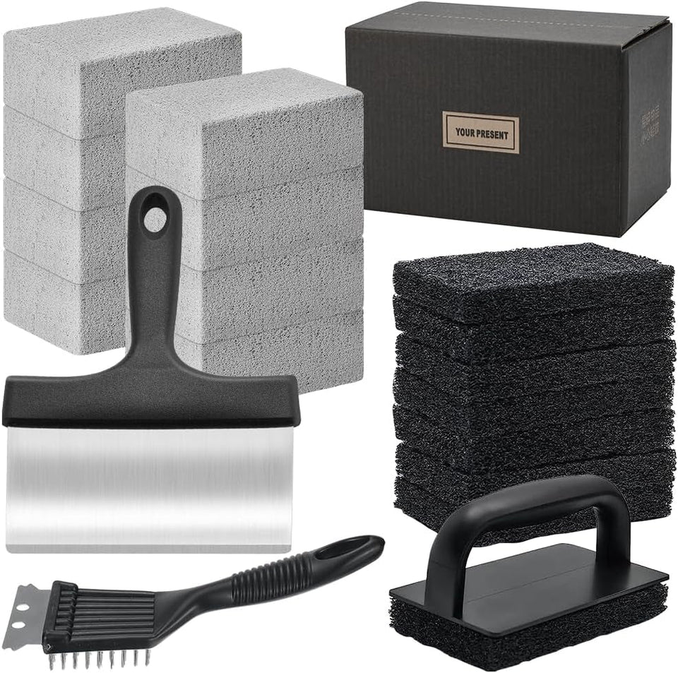 18Pcs Griddle Cleaning Kit for Blackstone. Heavy Duty Flat Top Grill Cleaning Kit. Include Handle. Cleaning Bricks. Scrubber Brush. Scouring Pads. Griddle Grill Scraper. Blackstone Cleaner for Griddle