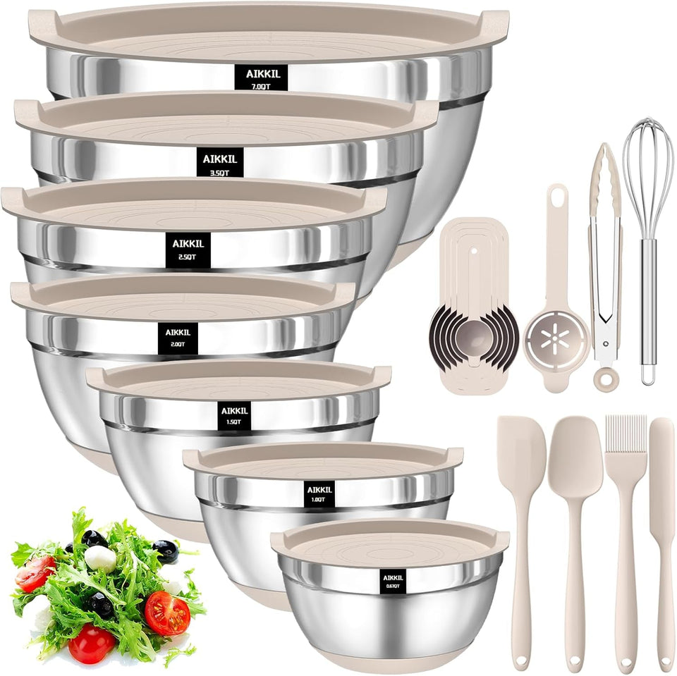 20‑Piece Stainless Steel Mixing Bowls with Airtight Lids – Non‑Slip Silicone Bottom. Nesting Set (Khaki)