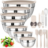 20‑Piece Stainless Steel Mixing Bowls with Airtight Lids – Non‑Slip Silicone Bottom. Nesting Set (Khaki)