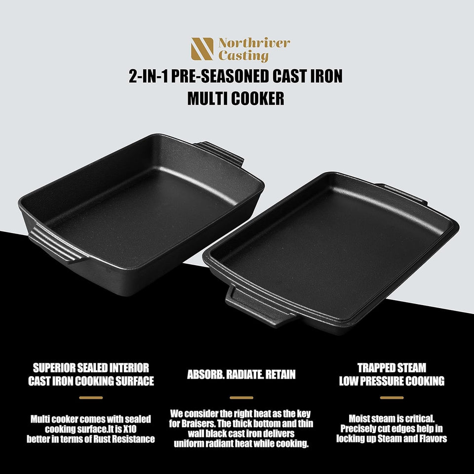 2-In-1 Pre Seasoned Cast Iron Dutch Oven with Skillet Lid.Casserole Dish.Rectangular Baking Pan.Griddle Pot Set. 6QT. 9X13