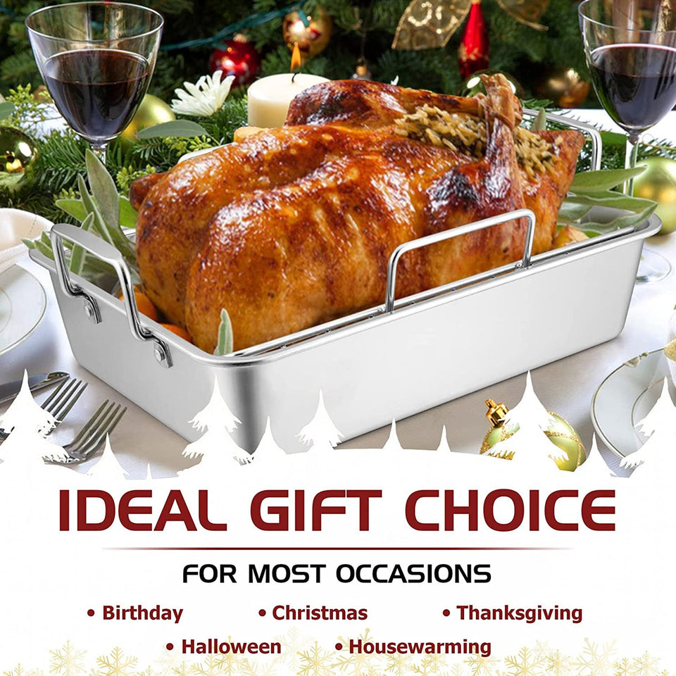 15.3'' Roasting Pan with Racks. Joyfair 7 Pcs Stainless Steel Large Turkey Roaster Pan with Handle. Cooling Flat Rack/V-Rack. Meat Tenderizer/Claws and Brush. Heavy Duty & Multi-Use. Dishwasher Safe