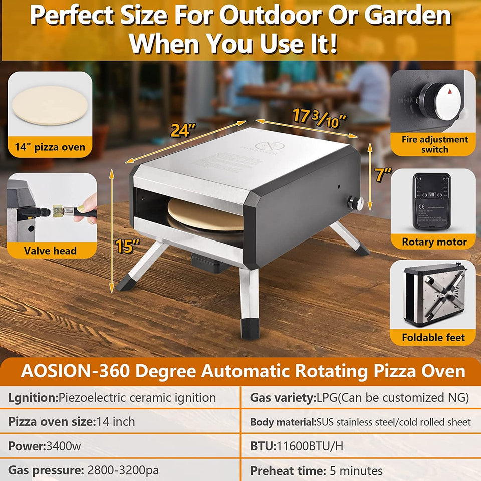 -Outdoor Gas Pizza Oven. Rotating Propane Pizza Grill Oven for Exterior Backyard Pizza Maker with 14 Pizza Stone. Portable Pizza Ovens for outside with Pizza Peel.Pia.Cutter.Gloves and Thermometer.
