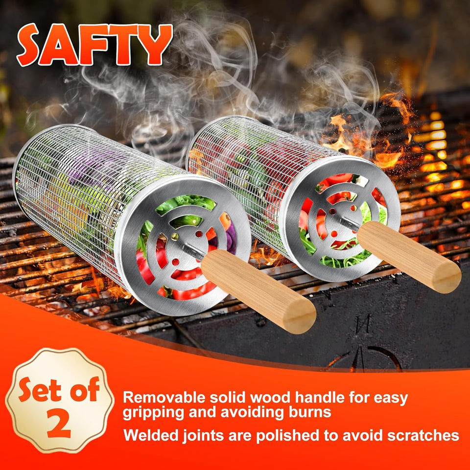 2‑Pack Stainless Steel Rolling Grill Baskets – Locking Handle. Round Design for Fish. Meat & Veggies | BBQ Gift Idea