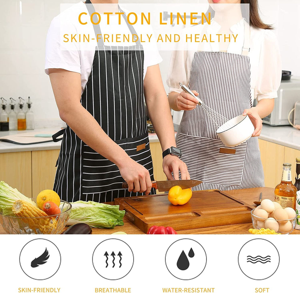 2 Pieces Kitchen Cooking Aprons. Cotton Polyester Blend Adjustable Bib Aprons with 2 Pockets for Women Men Chef Chef (Black/Brown Stripes. 2)
