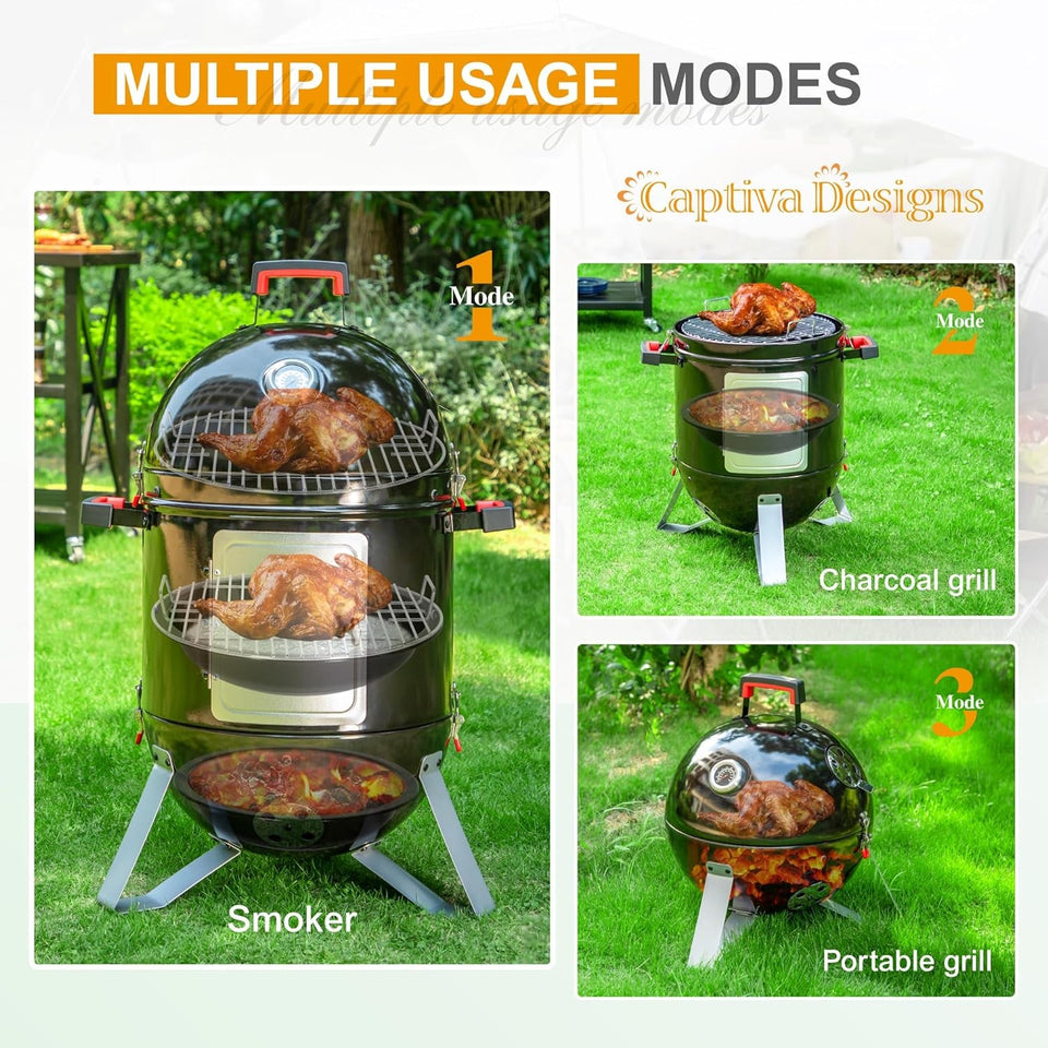 18-Inch Vertical Charcoal Smoker Grill with Porcelain-Enameled Smoking Chamber. Wood Mountain Smoker for Meat Turkey and BBQ. with Built-In Thermometer