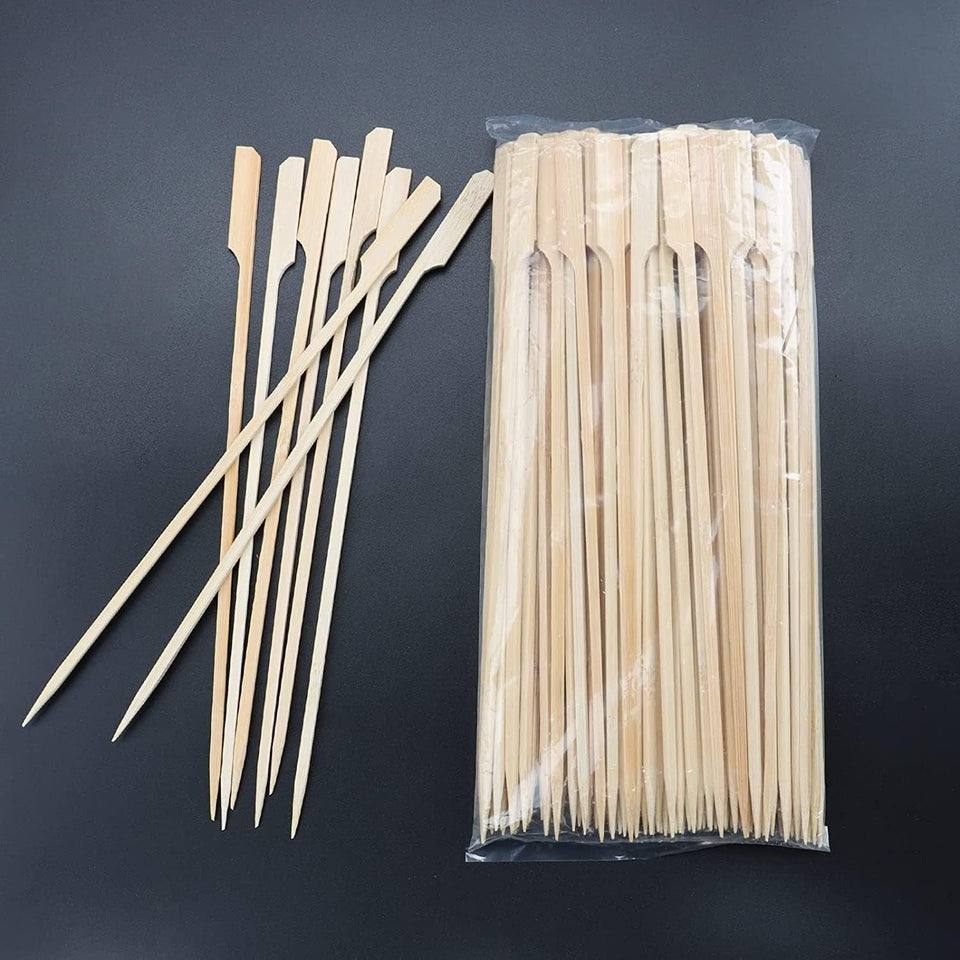 10-Inch Skewer for BBQ Kebab. Unbleached Long Bamboo/Wood Roasting Sticks for Grill -Heavy Duty Thickness -Flat Stick Flag Handle -With Dust-Free Packaging (100-Pack)