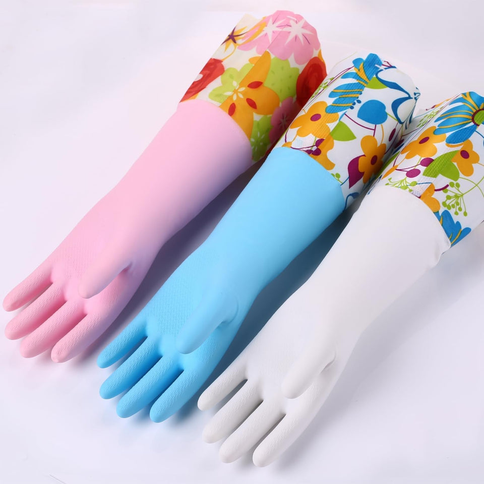 3 Pairs Rubber Cleaning Gloves. Household Kitchen Dishwashing Gloves with Cotton Flocked Liner. Long Cuff 16. Reusable. Non-Slip (Medium. Blue+Pink+White)