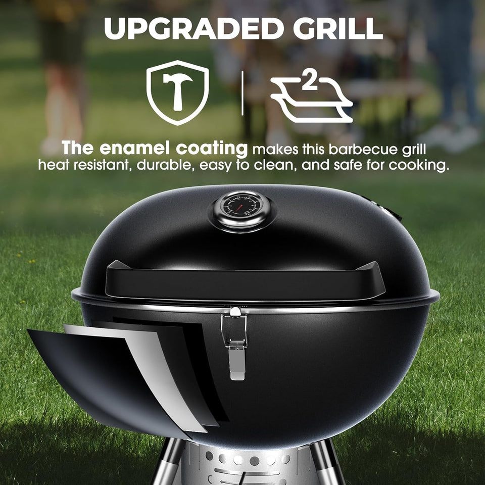 22 Inch Charcoal Grill with 2 Foldable Side Tables.Charcoal Kettle Grills with Wheels.Outdoor Bbq Grill.Portable Charcoal Grill for Camping.Party.Backyard (Black)
