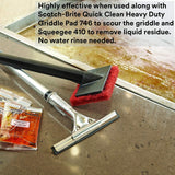 Scotch-Brite Griddle Cleaning. Quick Clean Liquid 700-40. 3.2 Oz Packet. 40/Pack. Heavy Duty. Cleans in 3-5 Minutes. for Baked on Food and Cooking Oils. Use on Hot or Cool Griddle