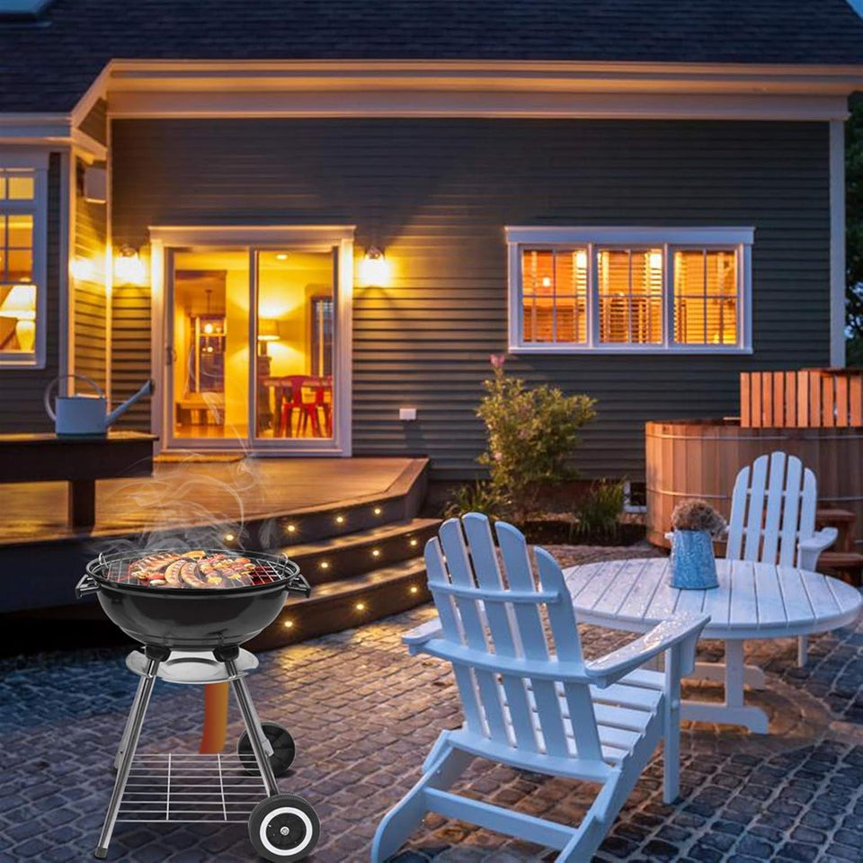 18 Charcoal Grill with Wheels for Outdoor Cooking Barbecue Camping BBQ Coal Kettle Grill Tailgating Portable Heavy Duty round with Thickened Grilling Bowl Wheels. Black