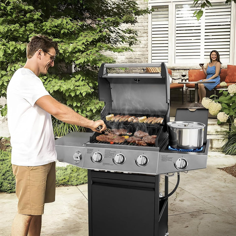 3 Burners Gas Grill with Side Burner. Propane Grill with Wheels and Storage. Outdoor Gas BBQ with Oil Tray and Thermometer for Patio and Party. 37000 BTU