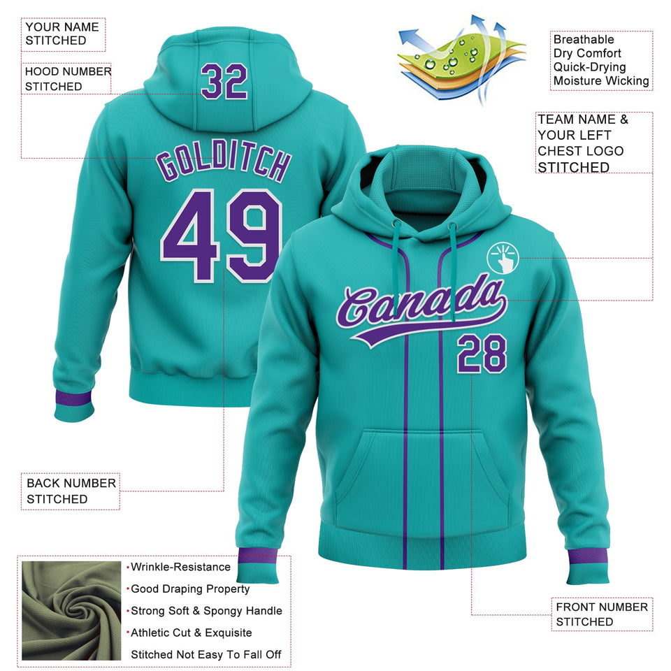 Custom Stitched Aqua Purple-White Baseball Pullover Sweatshirt Hoodie