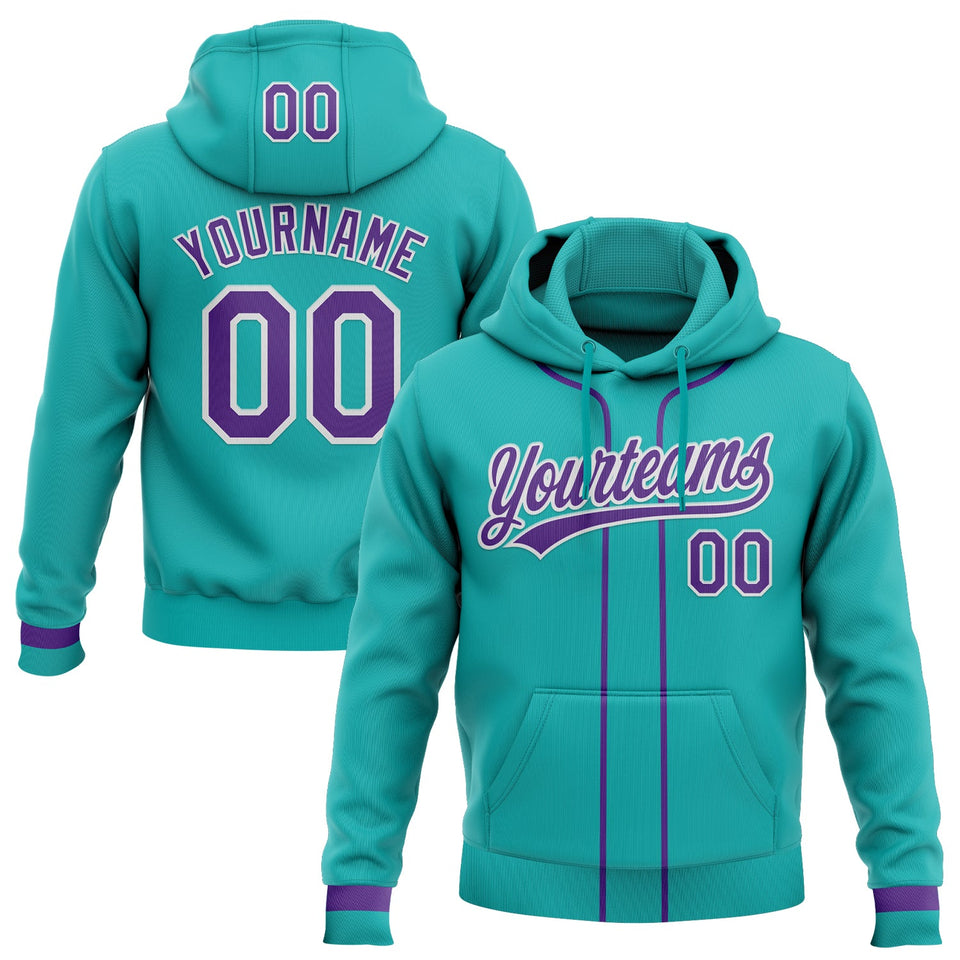 Custom Stitched Aqua Purple-White Baseball Pullover Sweatshirt Hoodie