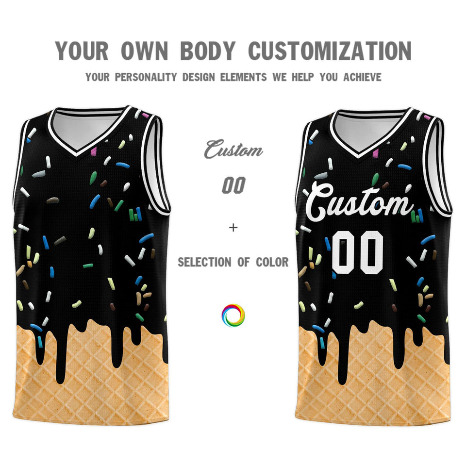 Custom Black Basketball Kits with Ice Cream Element Pattern