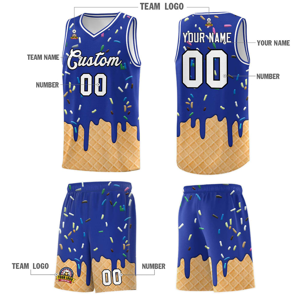 Custom Royal Blue Basketball Kits with Ice Cream Element Pattern