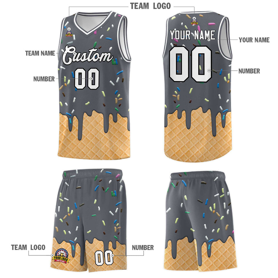 Custom Gray Basketball Kits with Ice Cream Element Pattern