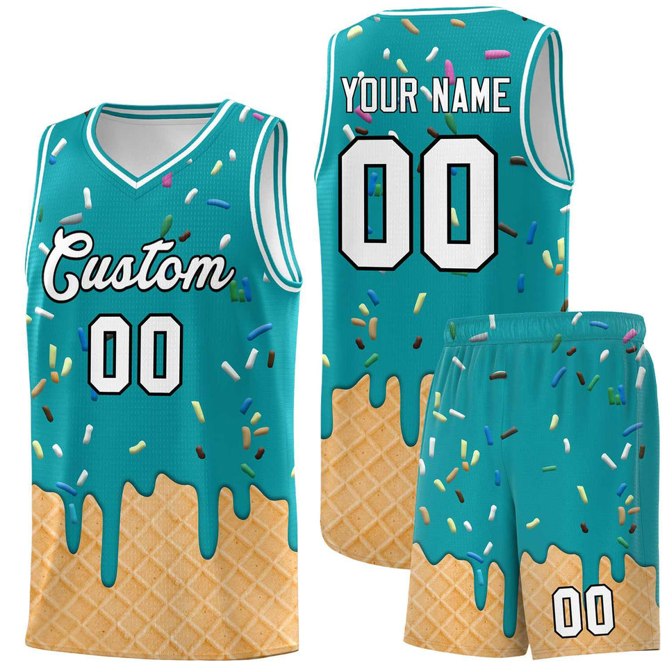 Custom Aqua Basketball Kits with Ice Cream Element Pattern