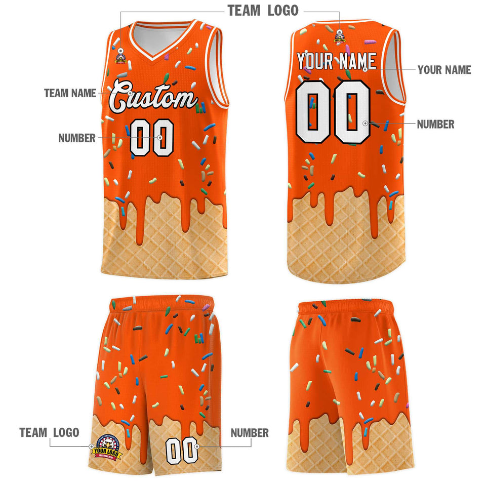 Custom Orange Basketball Kits with Ice Cream Element Pattern