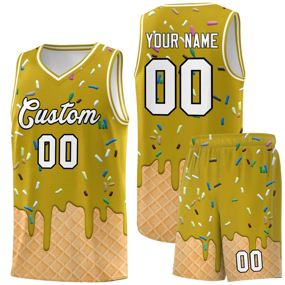 Custom Old Gold Basketball Kits with Ice Cream Element Pattern
