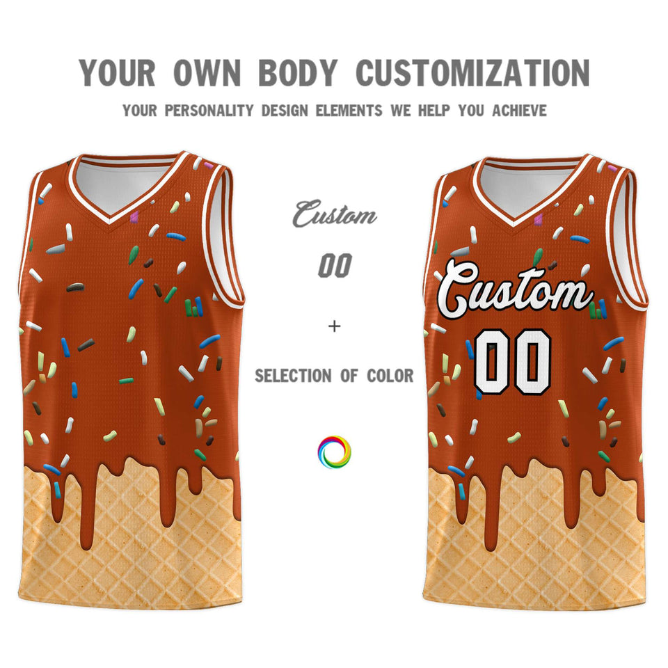 Custom Dark Orange Basketball Kits with Ice Cream Element Pattern