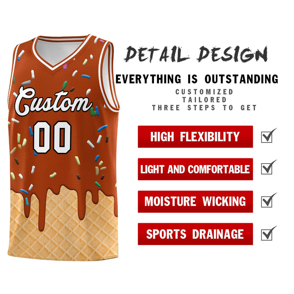 Custom Dark Orange Basketball Kits with Ice Cream Element Pattern