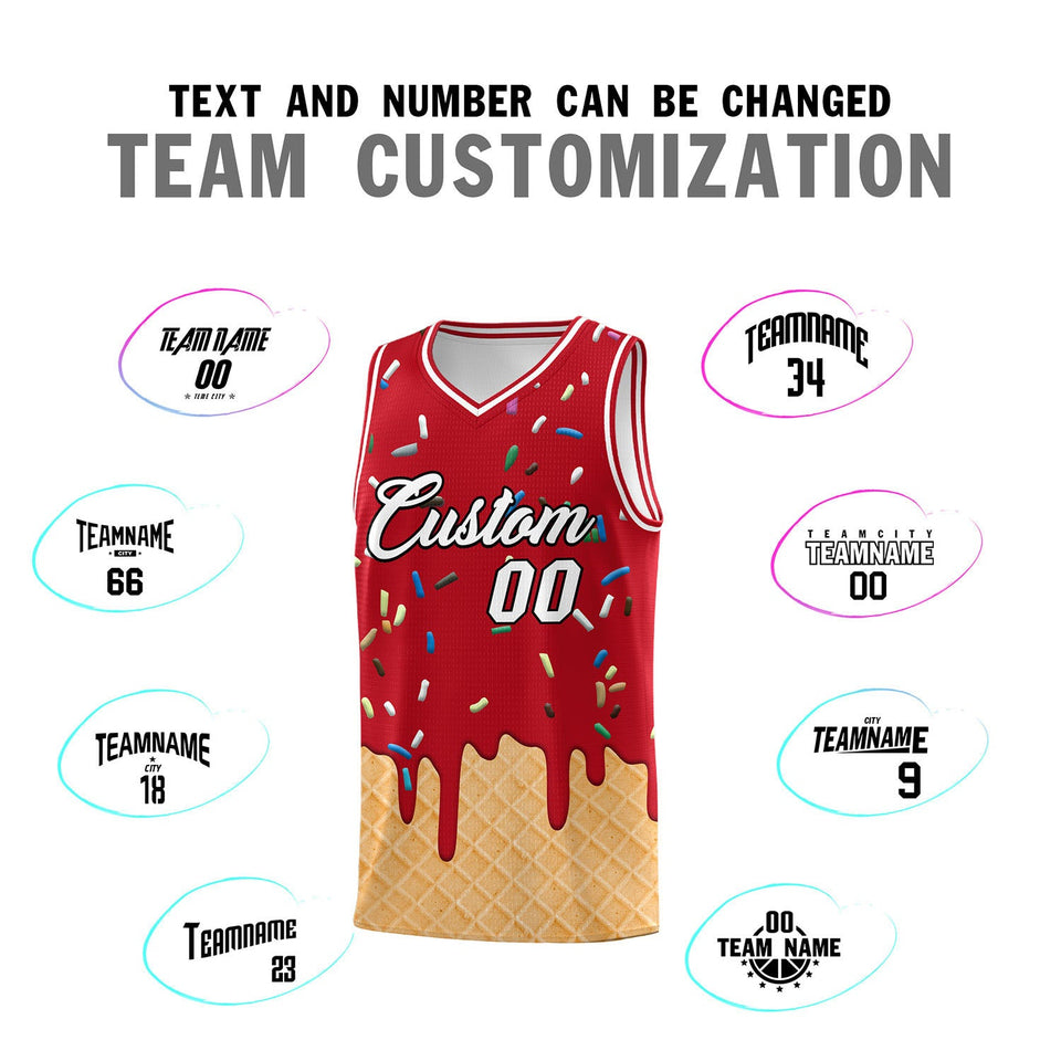 Custom Red Basketball Kits with Ice Cream Element Pattern