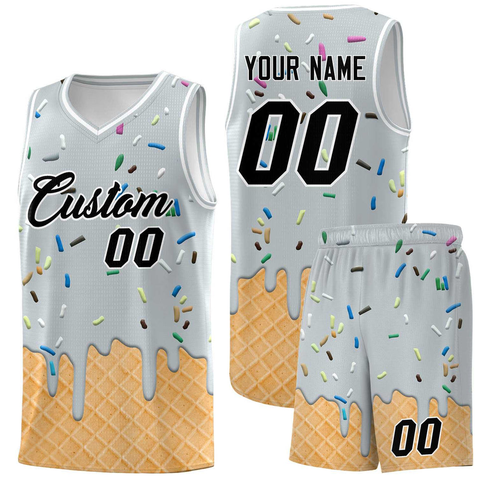 Custom Silver Basketball Kits with Ice Cream Element Pattern