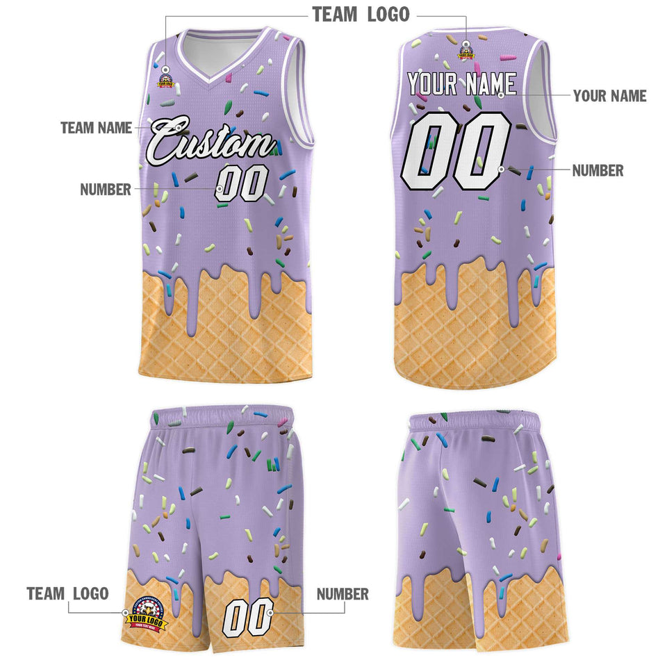 Custom Light Purple Basketball Kits with Ice Cream Element Pattern