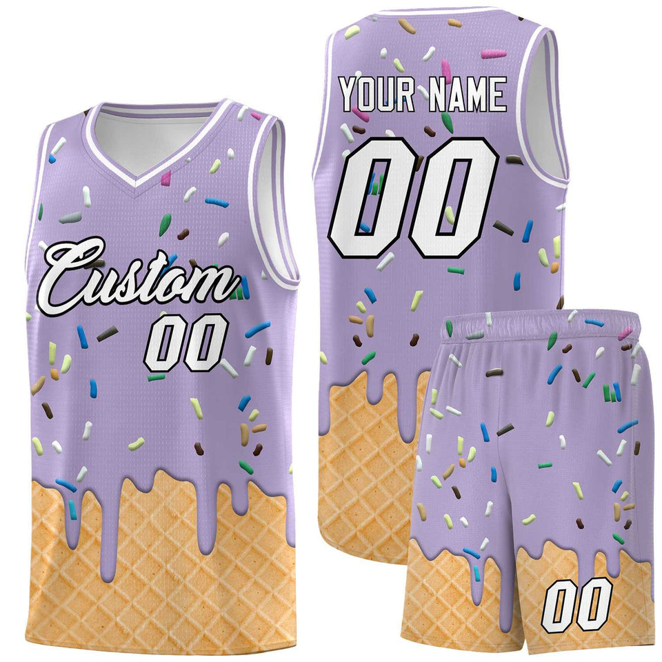 Custom Light Purple Basketball Kits with Ice Cream Element Pattern