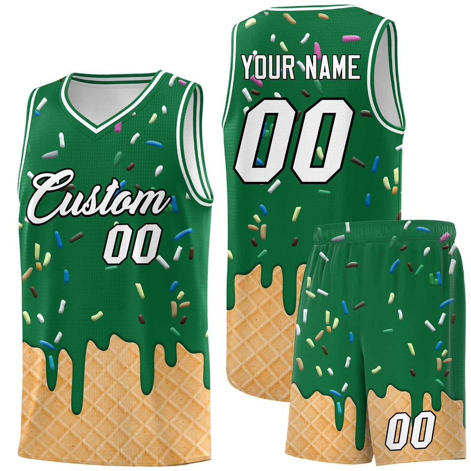 Custom Kelly Green Basketball Kits with Ice Cream Element Pattern