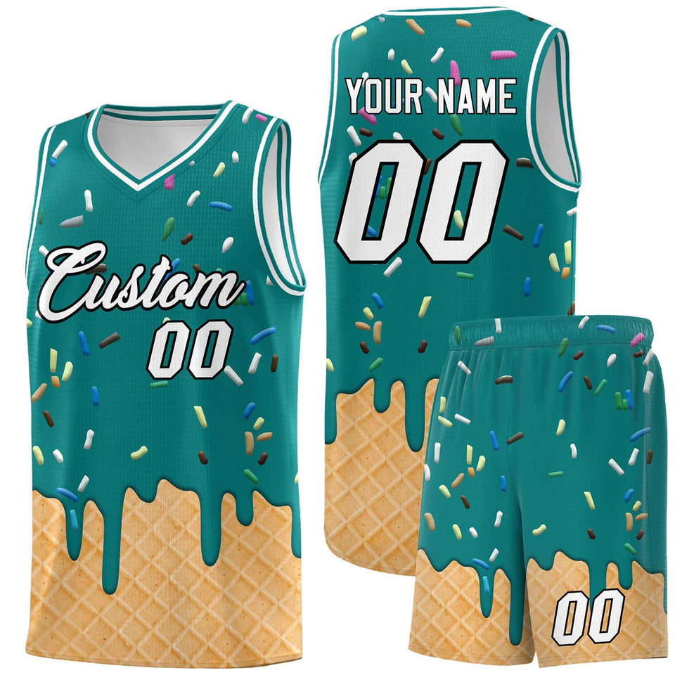 Custom Teal Basketball Kits with Ice Cream Element Pattern