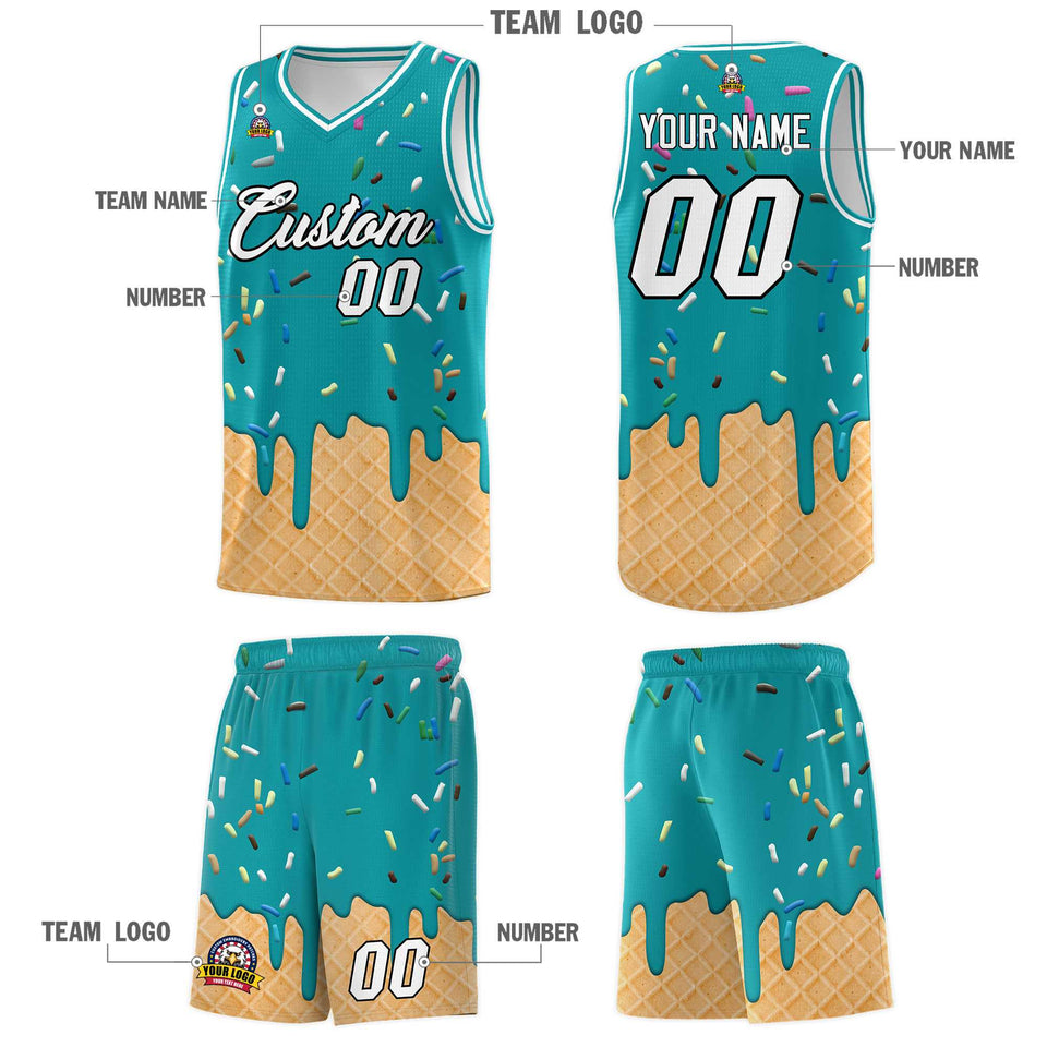 Custom Aqua Basketball Kits with Ice Cream Element Pattern