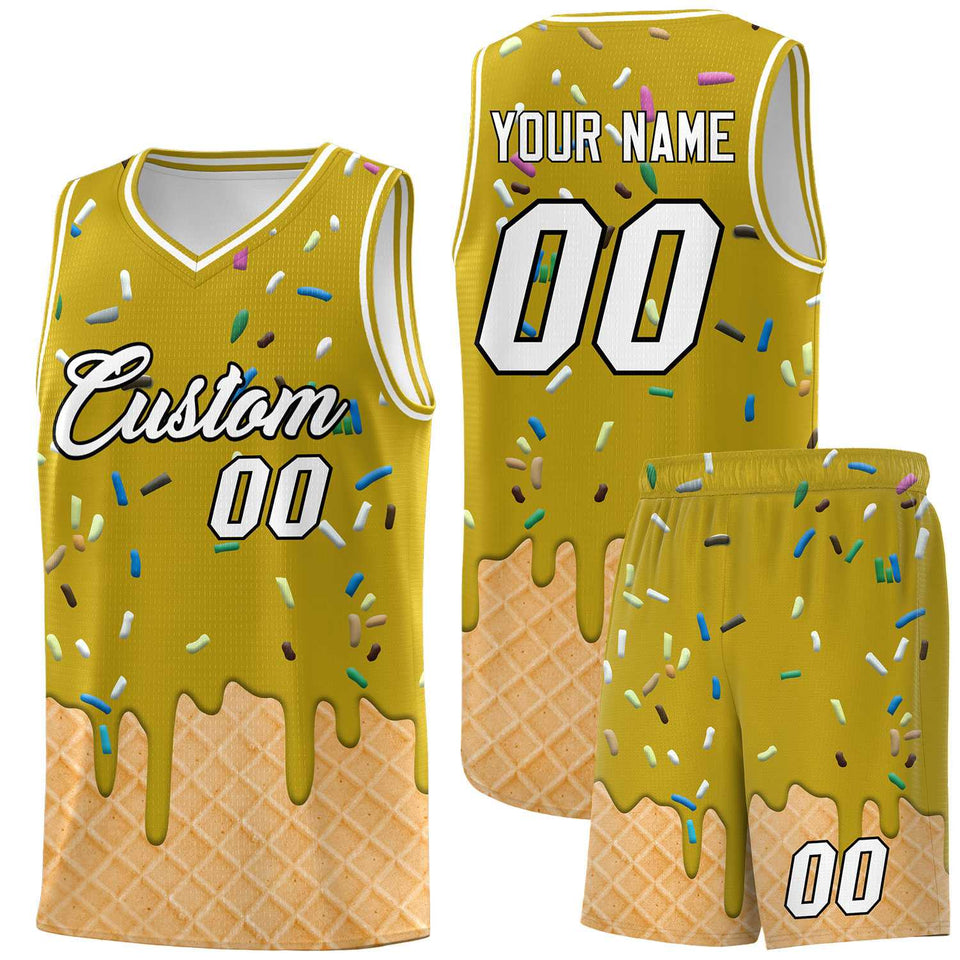 Custom Old Gold Basketball Kits with Ice Cream Element Pattern