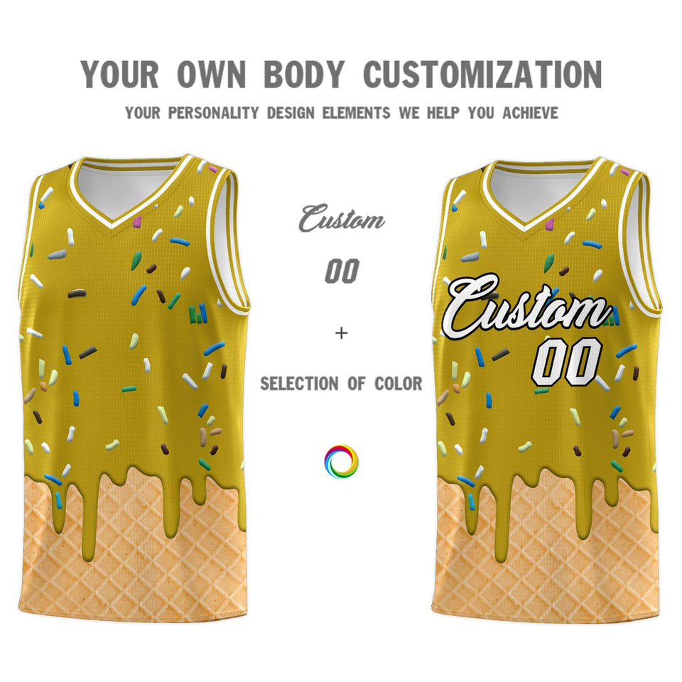 Custom Old Gold Basketball Kits with Ice Cream Element Pattern