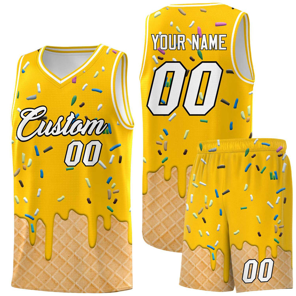 Custom Yellow Basketball Kits with Ice Cream Element Pattern