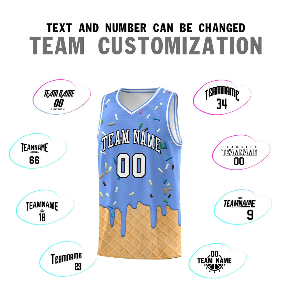 Custom Light Blue Basketball Kits with Ice Cream Element Pattern