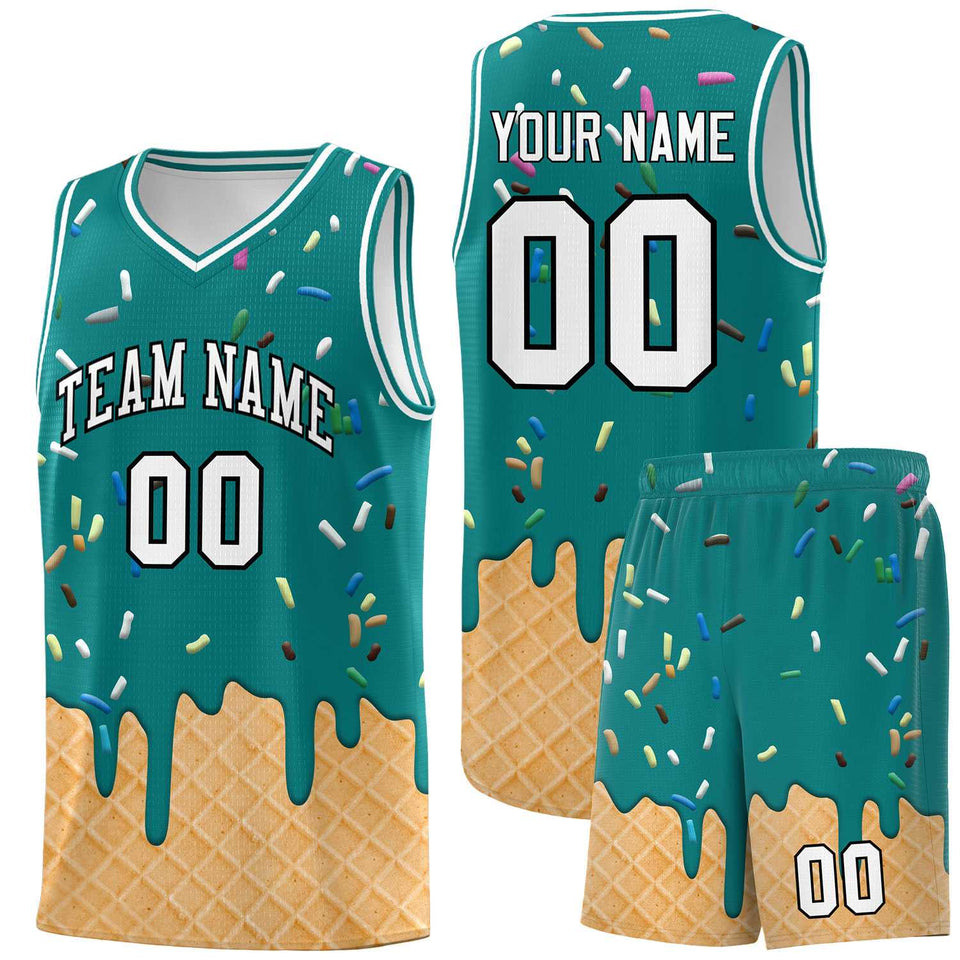 Custom Teal Basketball Kits with Ice Cream Element Pattern
