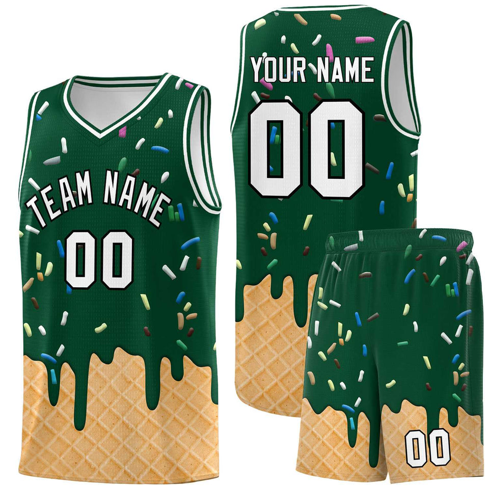 Custom Green Basketball Kits with Ice Cream Element Pattern