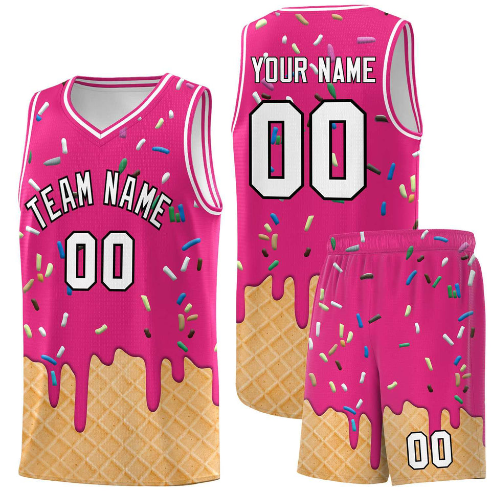 Custom Rose Red Basketball Kits with Ice Cream Element Pattern