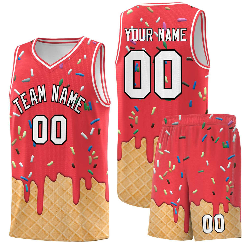 Custom Light Red Basketball Kits with Ice Cream Element Pattern