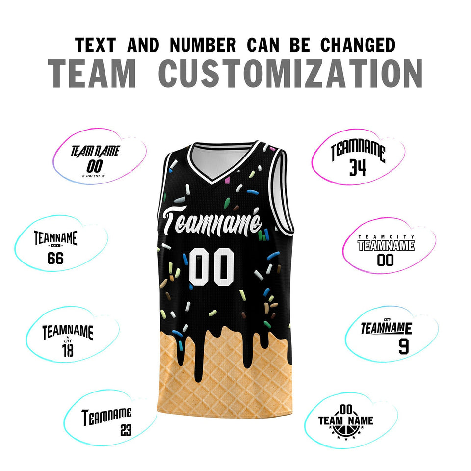 Custom Black Basketball Kits with Ice Cream Element Pattern