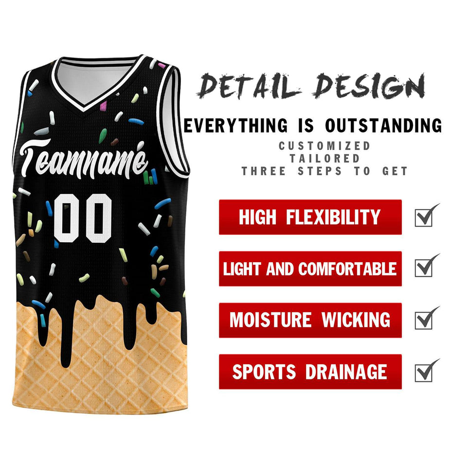 Custom Black Basketball Kits with Ice Cream Element Pattern
