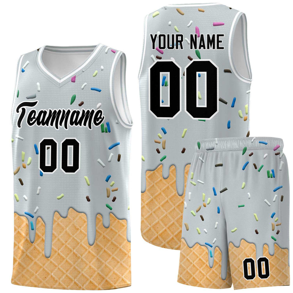 Custom Silver Basketball Kits with Ice Cream Element Pattern