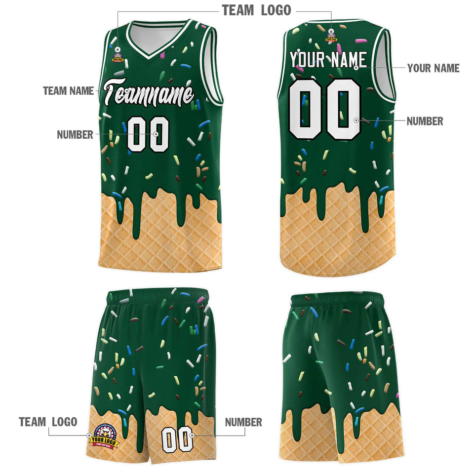 Custom Green Basketball Kits with Ice Cream Element Pattern