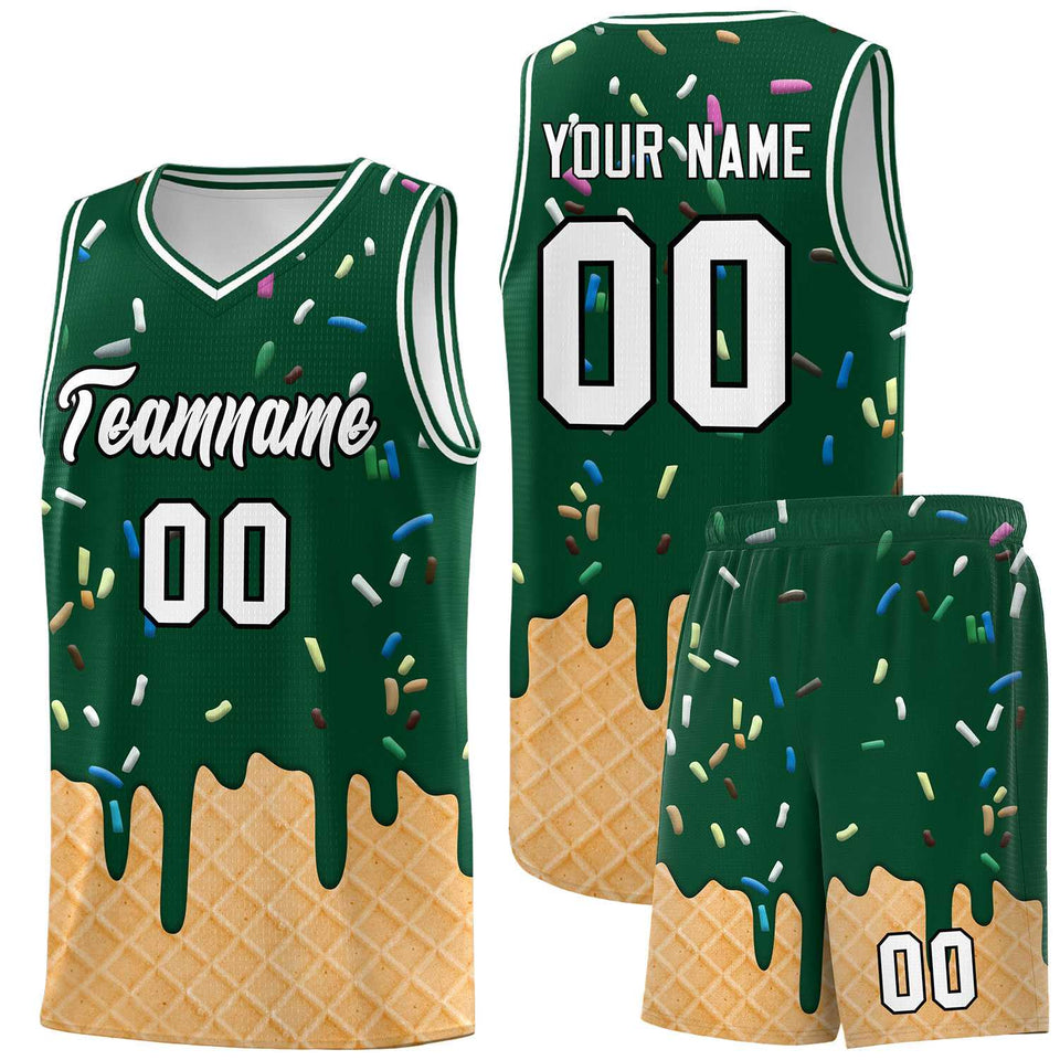 Custom Green Basketball Kits with Ice Cream Element Pattern